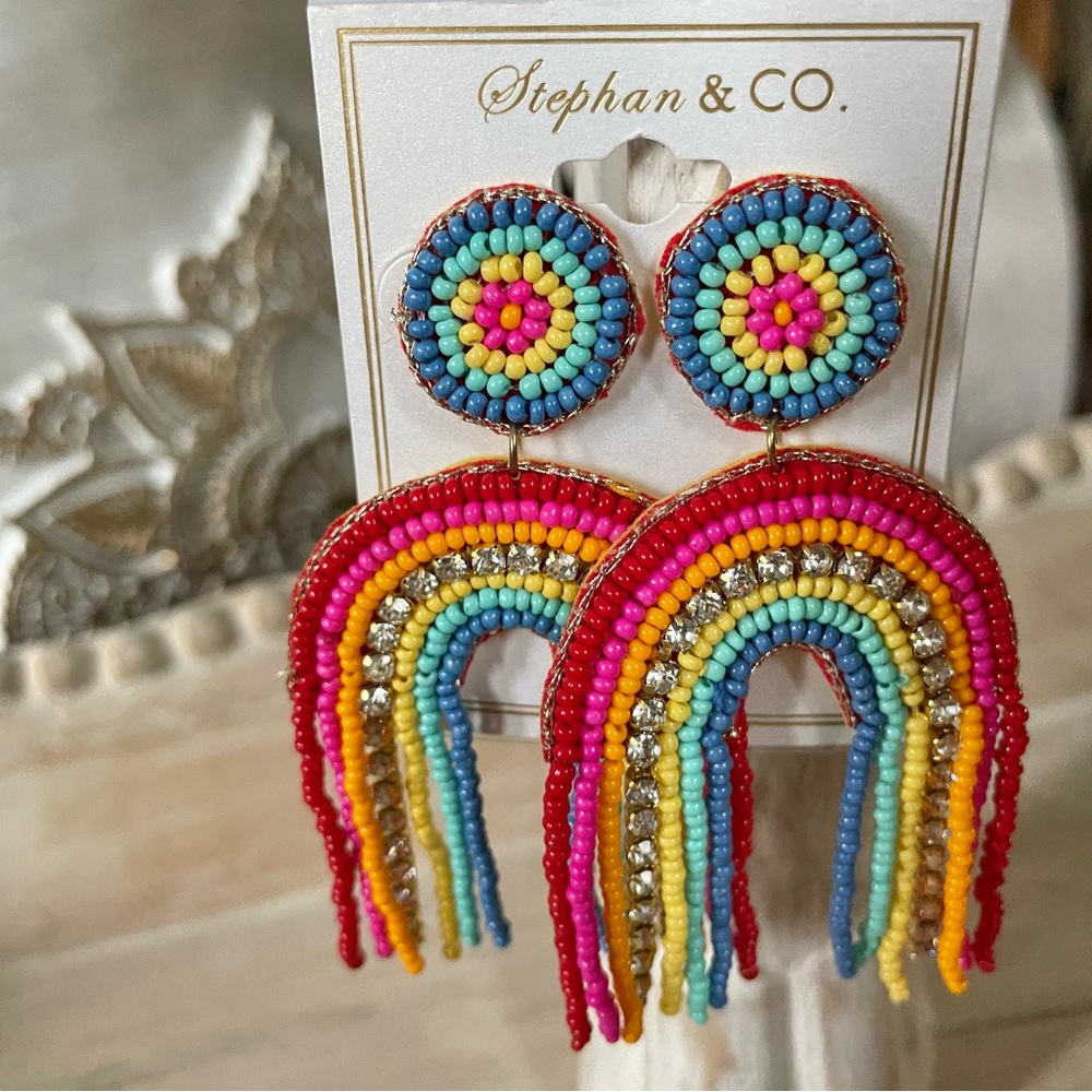 NWT Beaded and Rhinestone Rainbow Post Earrings - Picture 2 of 4